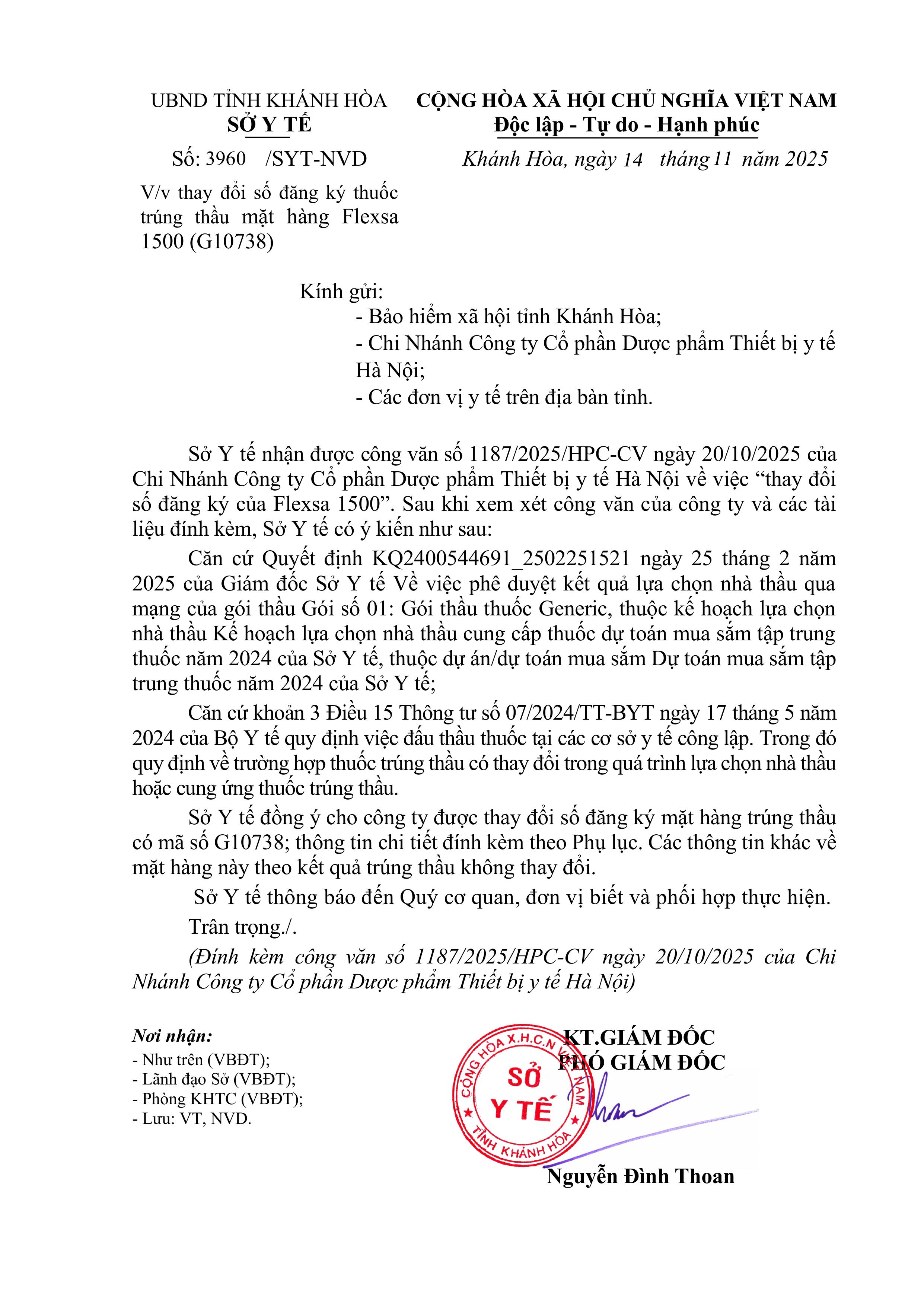 V/v thay đổi số đăng ký thuốc trúng thầu mặt hàng Flexsa 1500 (G10738)